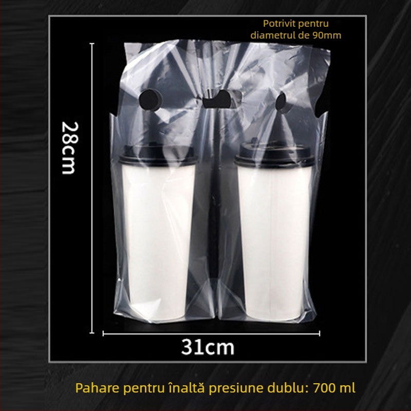 Genți de transport de unică folosință pentru pahare de milk tea, 100 buc., compatibile cu pahare simple/duble, cu mâner — Origine Anhui, Brand Jinsheng Plastic, Capacitate zilnică 10 tone