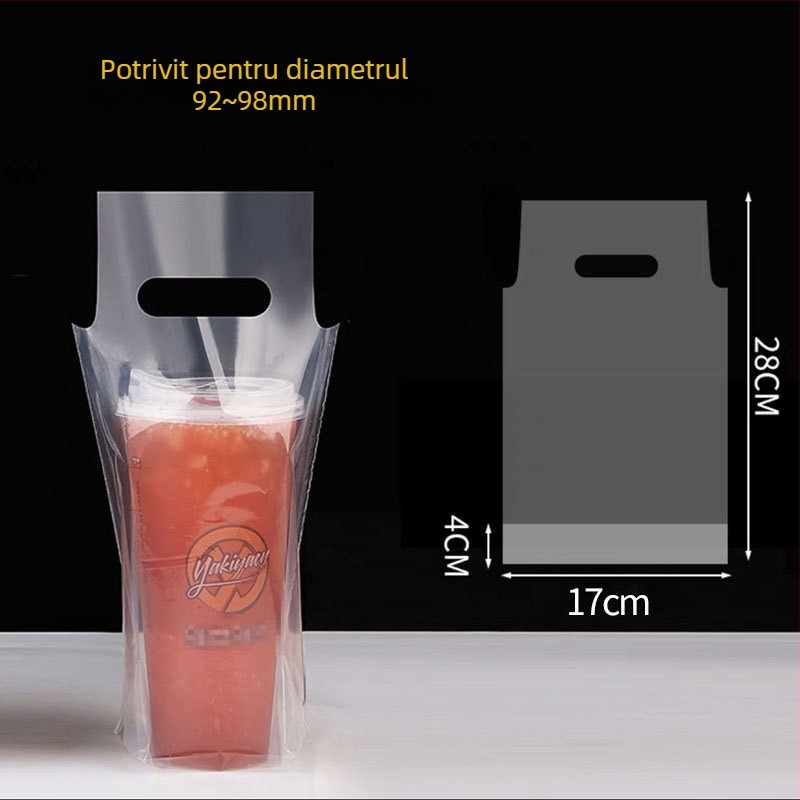 Genți de transport de unică folosință pentru pahare de milk tea, 100 buc., compatibile cu pahare simple/duble, cu mâner — Origine Anhui, Brand Jinsheng Plastic, Capacitate zilnică 10 tone