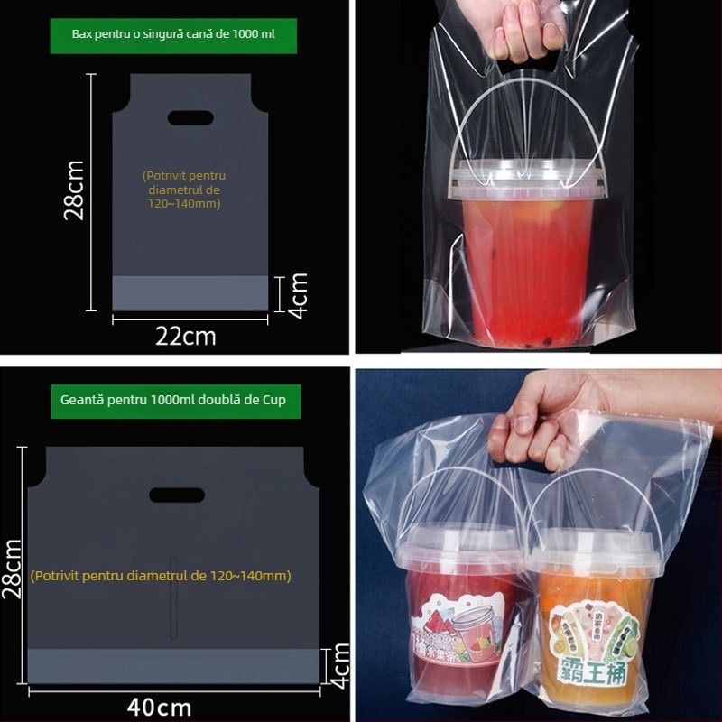 Genți de transport de unică folosință pentru pahare de milk tea, 100 buc., compatibile cu pahare simple/duble, cu mâner — Origine Anhui, Brand Jinsheng Plastic, Capacitate zilnică 10 tone