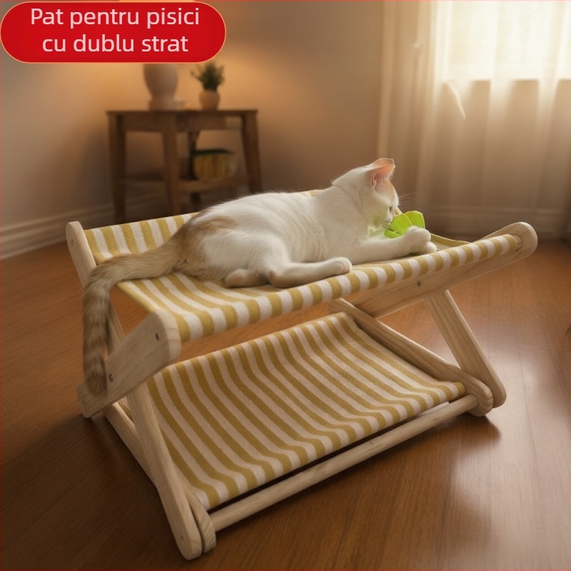 Cadru pentru pisici cu pat încorporat, lemn, universal pentru toate anotimpurile, două niveluri, cu plăci de zgâriere (Material: lemn; Utilizare: interior/exterior)