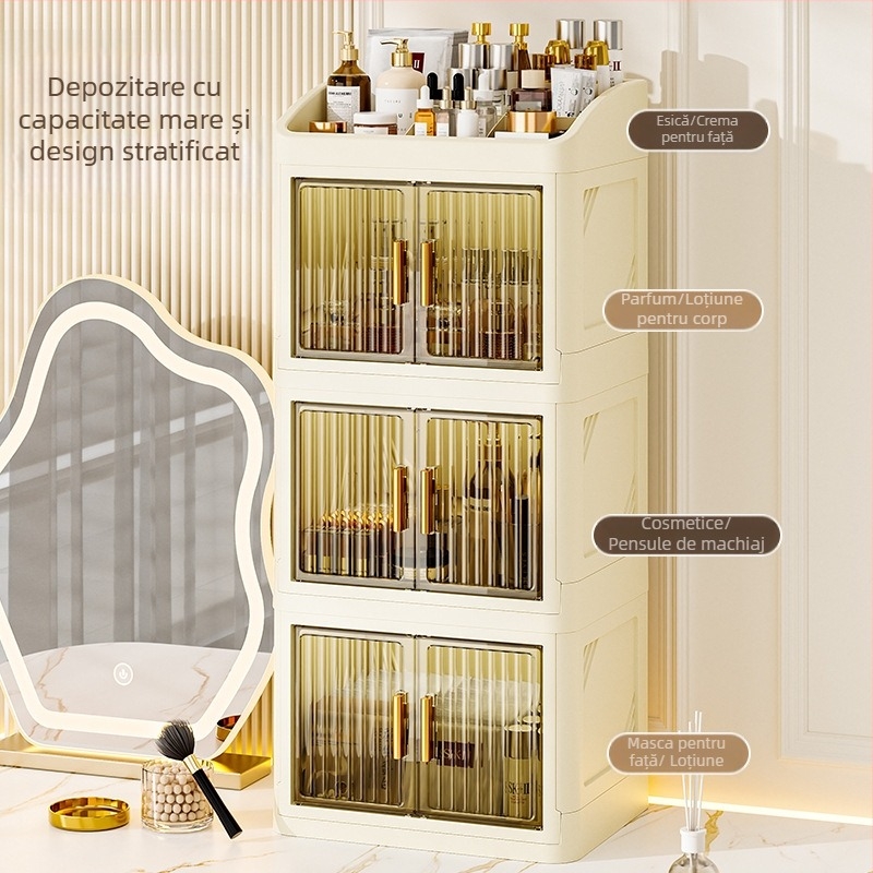 Cutie pliabilă de depozitare pentru cosmetică (PP plastic; 18 L capacitate; protecție împotriva prafului; cu compartimente; în stil japonez)