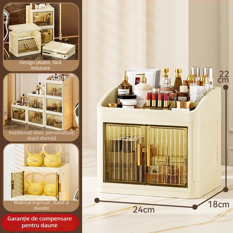 Cutie pliabilă de depozitare pentru cosmetică (PP plastic; 18 L capacitate; protecție împotriva prafului; cu compartimente; în stil japonez)