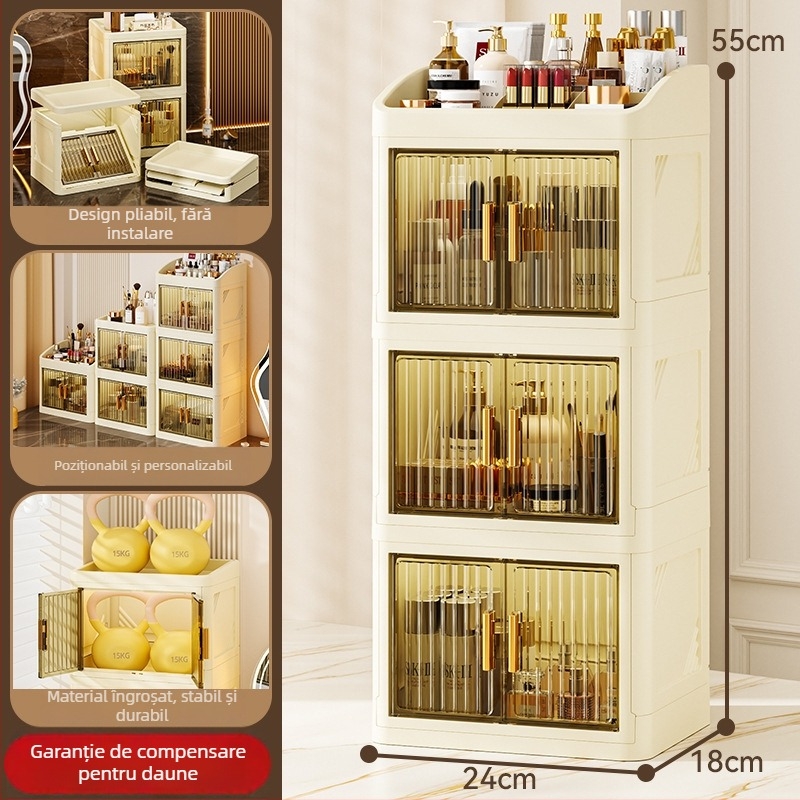 Cutie pliabilă de depozitare pentru cosmetică (PP plastic; 18 L capacitate; protecție împotriva prafului; cu compartimente; în stil japonez)