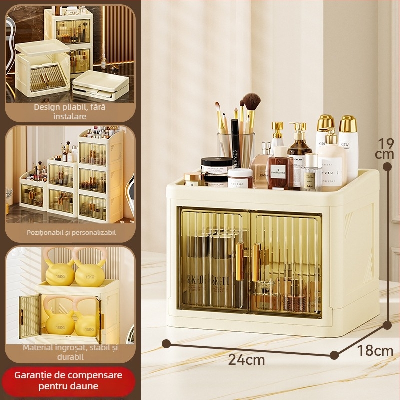 Cutie pliabilă de depozitare pentru cosmetică (PP plastic; 18 L capacitate; protecție împotriva prafului; cu compartimente; în stil japonez)