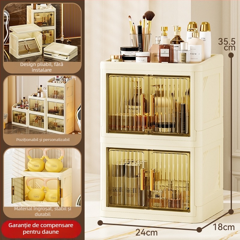 Cutie pliabilă de depozitare pentru cosmetică (PP plastic; 18 L capacitate; protecție împotriva prafului; cu compartimente; în stil japonez)