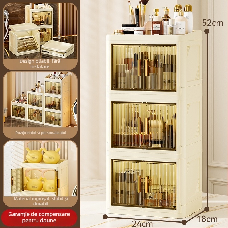 Cutie pliabilă de depozitare pentru cosmetică (PP plastic; 18 L capacitate; protecție împotriva prafului; cu compartimente; în stil japonez)