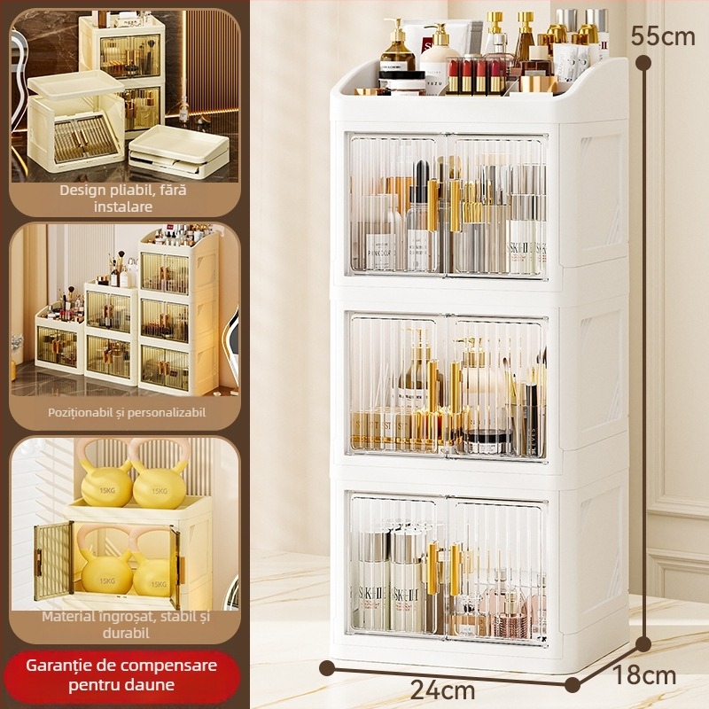 Cutie pliabilă de depozitare pentru cosmetică (PP plastic; 18 L capacitate; protecție împotriva prafului; cu compartimente; în stil japonez)