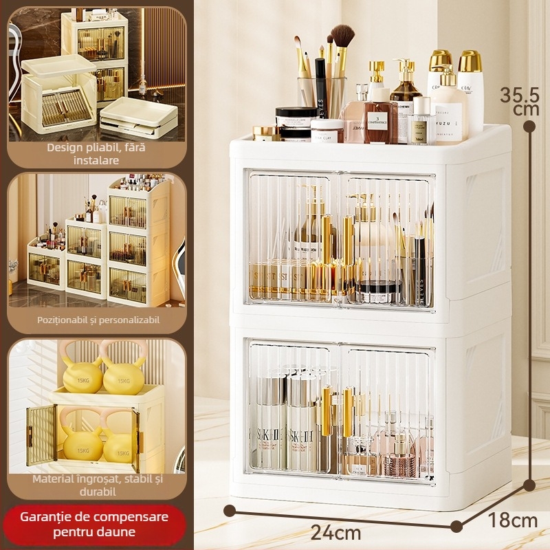 Cutie pliabilă de depozitare pentru cosmetică (PP plastic; 18 L capacitate; protecție împotriva prafului; cu compartimente; în stil japonez)