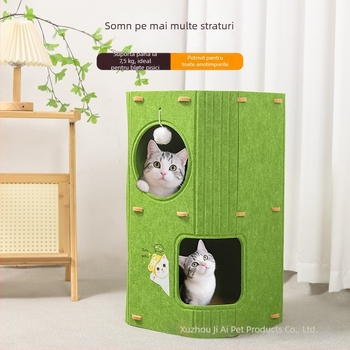 Cuib de pisici din felț cu structură dublă și triplă, scară de cățărare, pat interior și casă pentru pisici