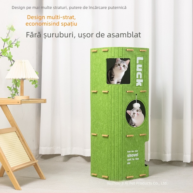 Cuib de pisici din felț cu structură dublă și triplă, scară de cățărare, pat interior și casă pentru pisici