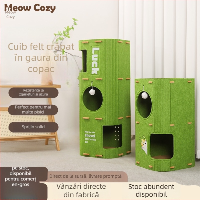 Cuib de pisici din felț cu structură dublă și triplă, scară de cățărare, pat interior și casă pentru pisici