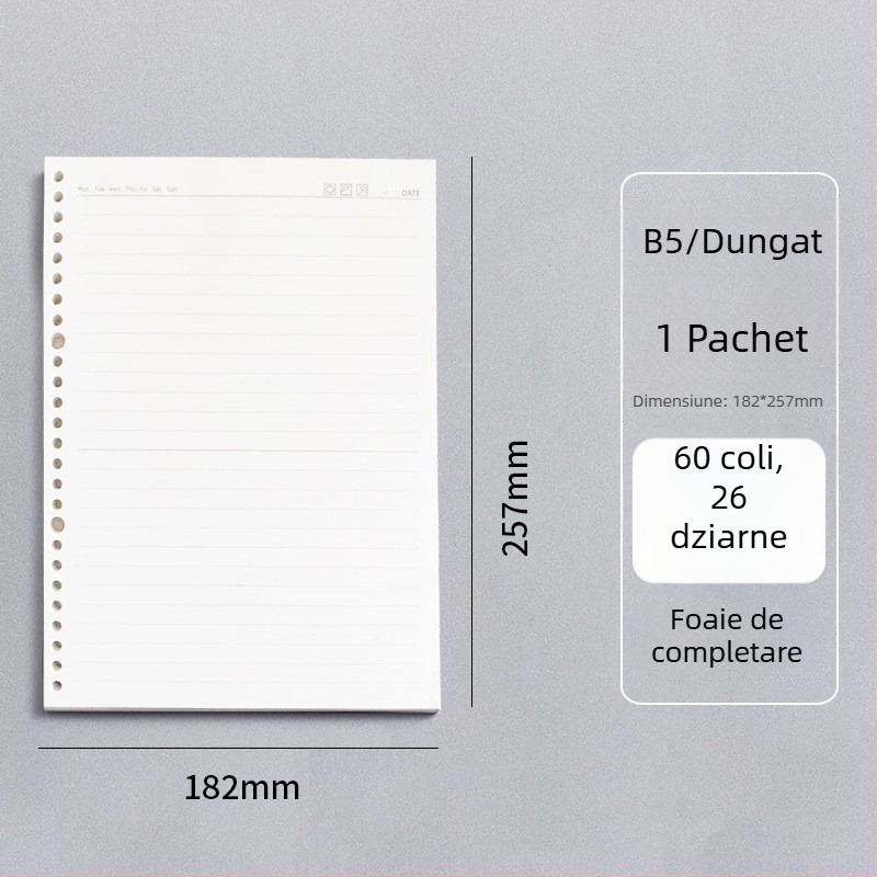 Caiet cu foi detașabile, legare tip dosar, hârtie cu dublă acoperire 80 gsm, 50–100 pagini, copertă PP
