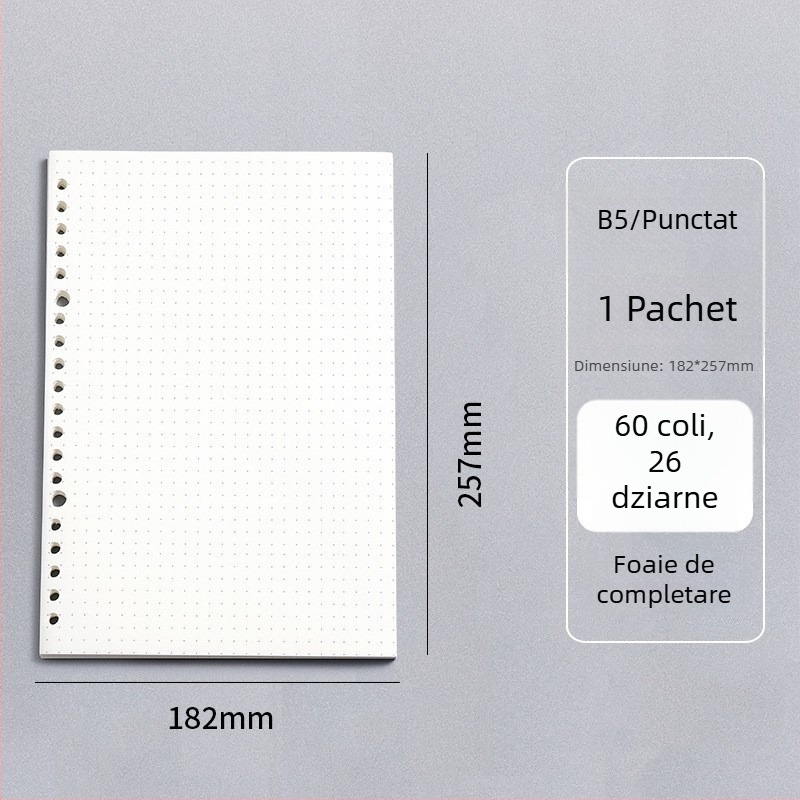 Caiet cu foi detașabile, legare tip dosar, hârtie cu dublă acoperire 80 gsm, 50–100 pagini, copertă PP