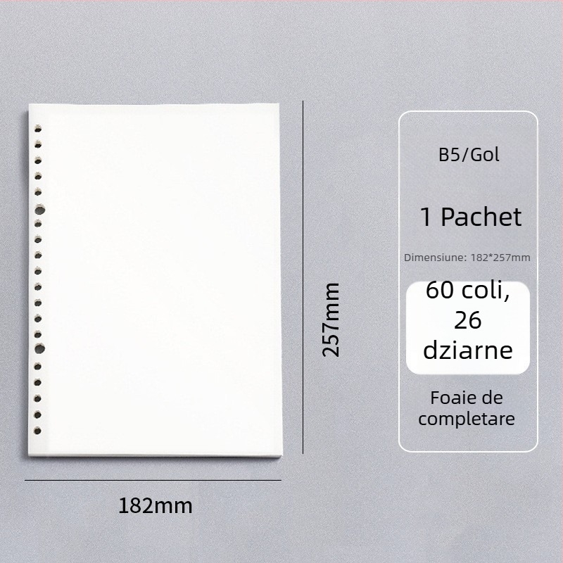 Caiet cu foi detașabile, legare tip dosar, hârtie cu dublă acoperire 80 gsm, 50–100 pagini, copertă PP