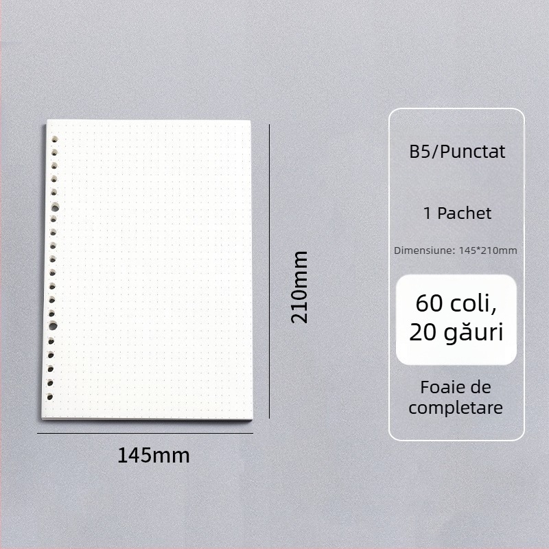 Caiet cu foi detașabile, legare tip dosar, hârtie cu dublă acoperire 80 gsm, 50–100 pagini, copertă PP