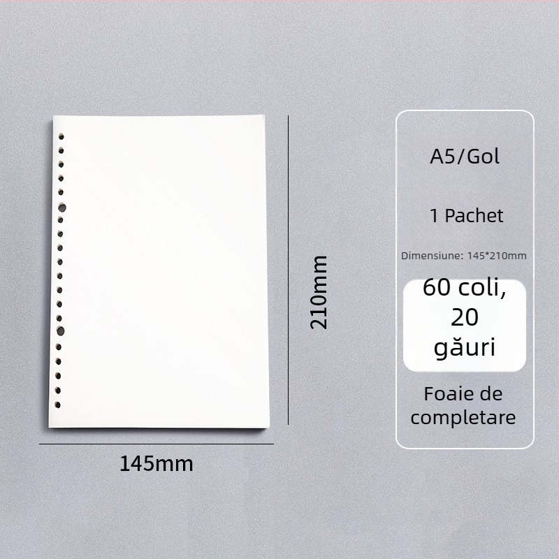 Caiet cu foi detașabile, legare tip dosar, hârtie cu dublă acoperire 80 gsm, 50–100 pagini, copertă PP