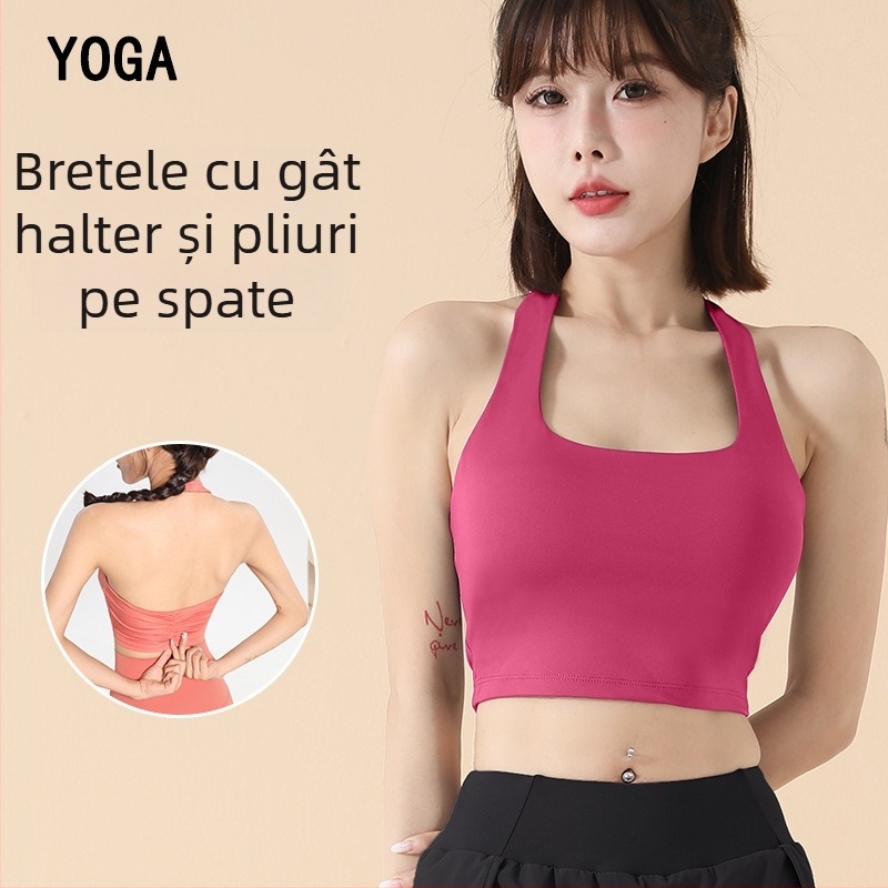Sutien sport pentru femei cu halter, uscare rapidă, amestec poliester, cupă completă cu formă medie, bretele fixe, căptușeală din spandex, top de yoga pentru exterior