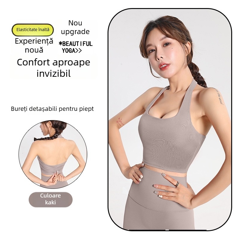 Sutien sport pentru femei cu halter, uscare rapidă, amestec poliester, cupă completă cu formă medie, bretele fixe, căptușeală din spandex, top de yoga pentru exterior