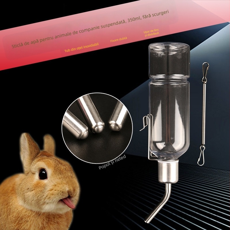Sticlă de apă montată extern pentru iepuri – plastic + oțel inoxidabil, dozator de apă și bol, fără scurgeri