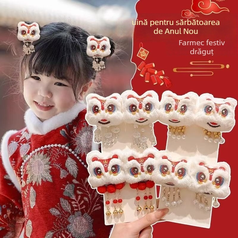 Clamă pentru păr pentru copii – seria Leu, material textil, clips lateral, model desen animat, cristal de cuarț roz