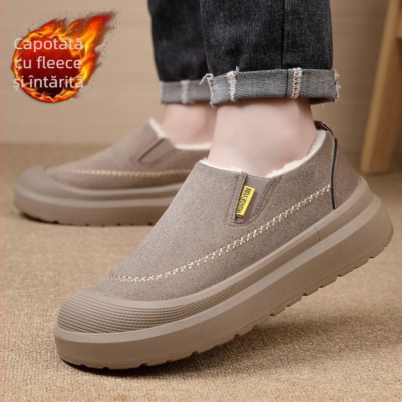 Papuci bărbați de iarnă, căptușiți cu fleece și talpă groasă, ușor de încălțat, talpă antiderapantă, vârf rotund