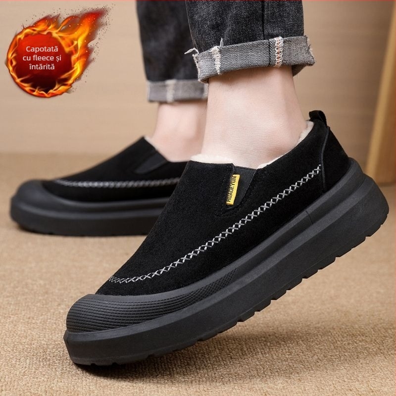 Papuci bărbați de iarnă, căptușiți cu fleece și talpă groasă, ușor de încălțat, talpă antiderapantă, vârf rotund
