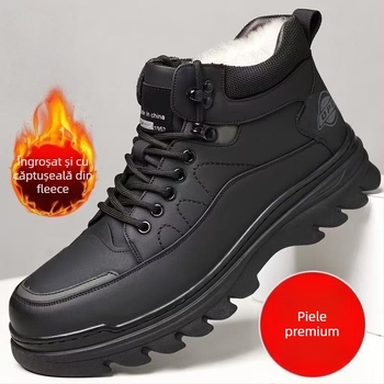 Ghete de iarnă pentru bărbați, căptușite cu fleece, PU partea superioară, talpă turnată prin injecție, antiderapante, toc mic