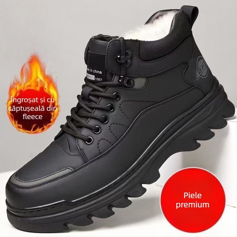Ghete de iarnă pentru bărbați, căptușite cu fleece, PU partea superioară, talpă turnată prin injecție, antiderapante, toc mic