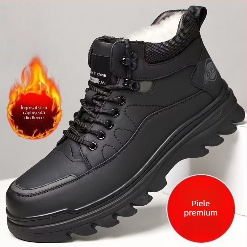 Ghete de iarnă pentru bărbați, căptușite cu fleece, PU partea superioară, talpă turnată prin injecție, antiderapante, toc mic