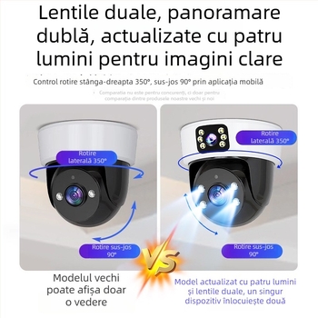 Cameră sferică de supraveghere pentru interior, AI pentru casă inteligentă, vedere panoramică de 360°, alimentare 220V, compensare automată a iluminării, funcție de alarmă