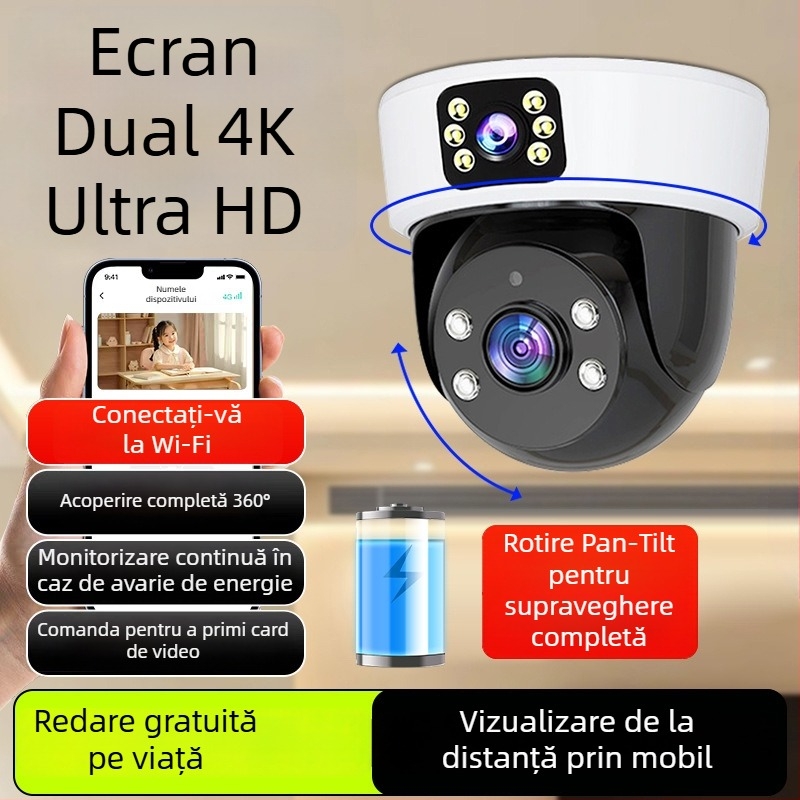 Cameră sferică de supraveghere pentru interior, AI pentru casă inteligentă, vedere panoramică de 360°, alimentare 220V, compensare automată a iluminării, funcție de alarmă