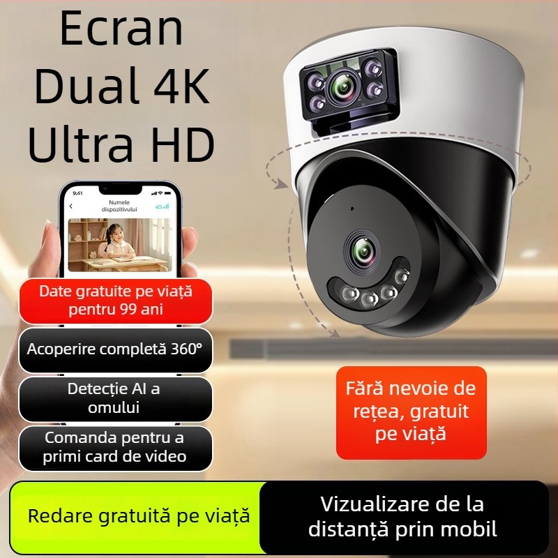 Cameră sferică de supraveghere pentru interior, AI pentru casă inteligentă, vedere panoramică de 360°, alimentare 220V, compensare automată a iluminării, funcție de alarmă