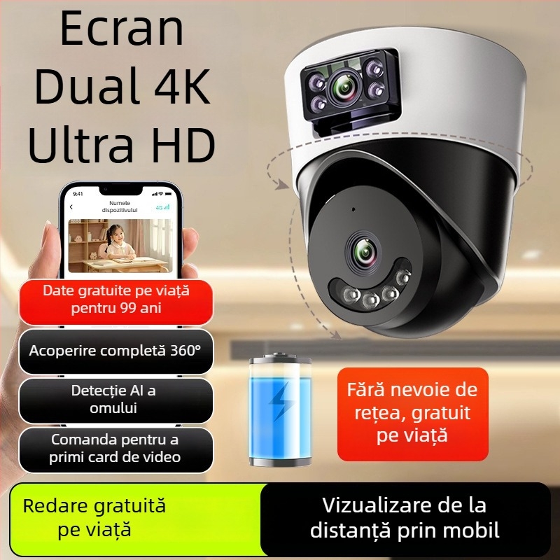 Cameră sferică de supraveghere pentru interior, AI pentru casă inteligentă, vedere panoramică de 360°, alimentare 220V, compensare automată a iluminării, funcție de alarmă