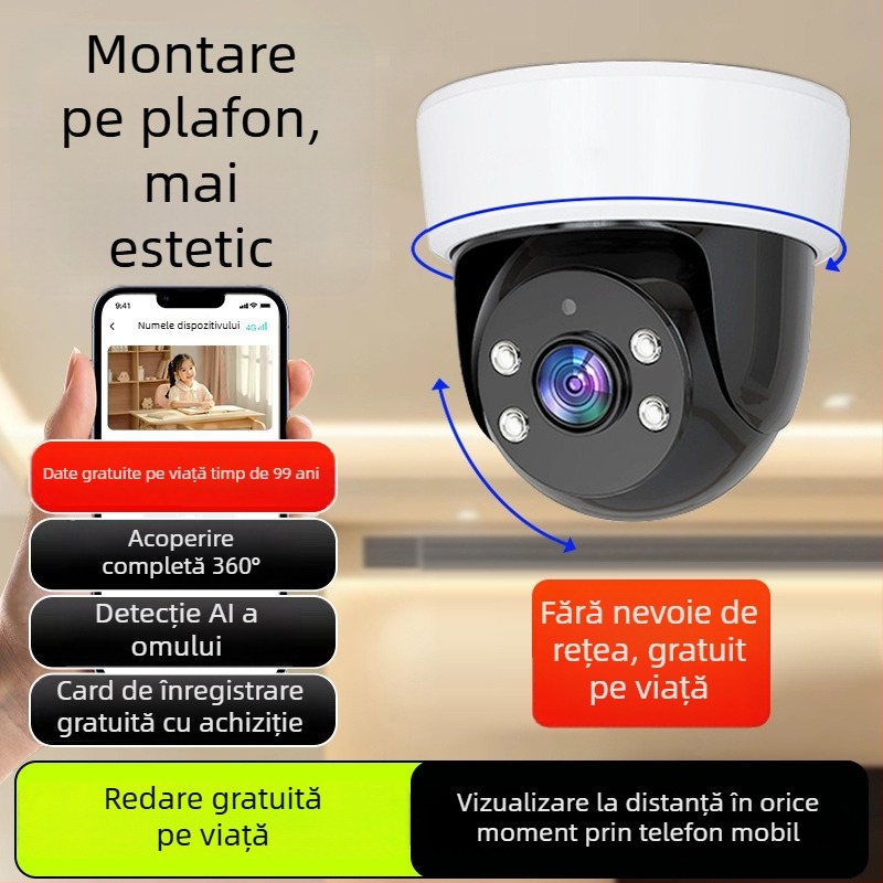 Cameră sferică de supraveghere pentru interior, AI pentru casă inteligentă, vedere panoramică de 360°, alimentare 220V, compensare automată a iluminării, funcție de alarmă