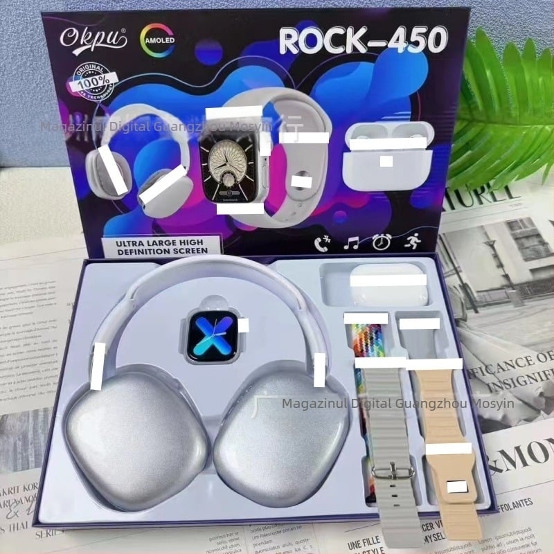 Ceas inteligent cu căști duale și set de 4 brățări, afișaj AMOLED, husă din aliaj de aluminiu, curea din silicon, monitorizare sănătate (HR, BP, SpO2, somn), încărcare wireless magnetică