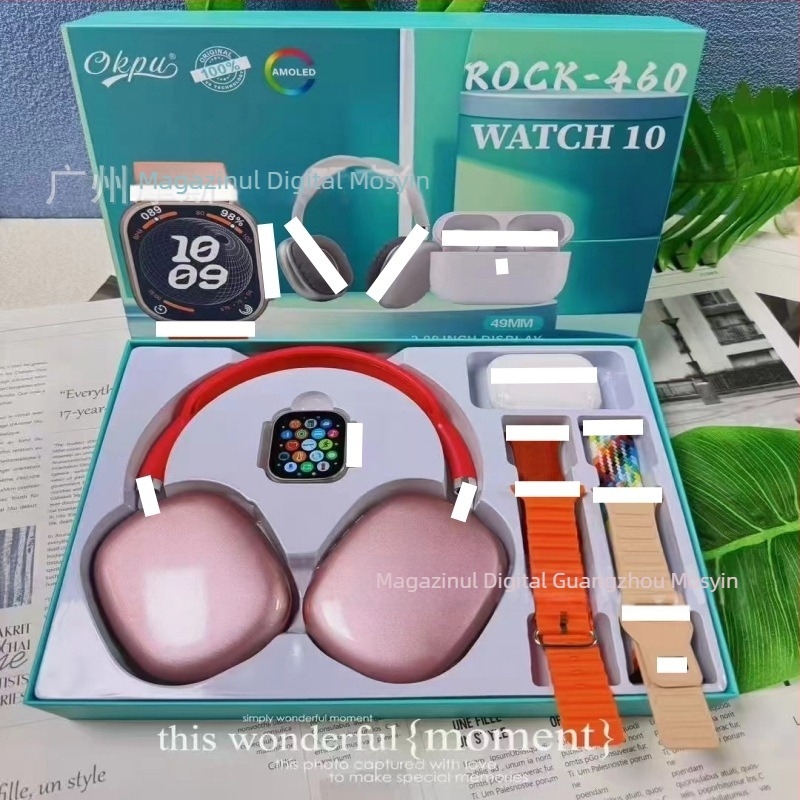 Ceas inteligent cu căști duale și set de 4 brățări, afișaj AMOLED, husă din aliaj de aluminiu, curea din silicon, monitorizare sănătate (HR, BP, SpO2, somn), încărcare wireless magnetică