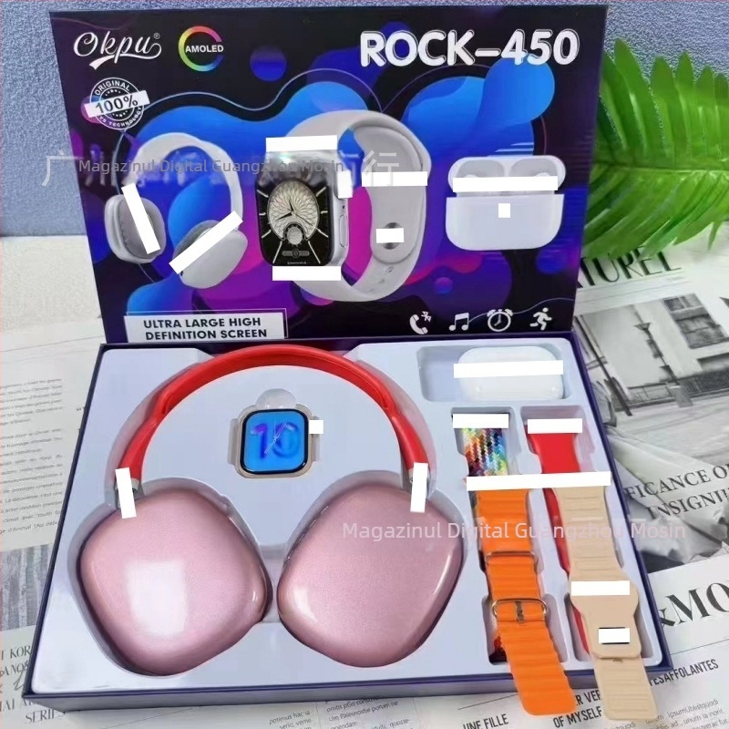 Ceas inteligent cu căști duale și set de 4 brățări, afișaj AMOLED, husă din aliaj de aluminiu, curea din silicon, monitorizare sănătate (HR, BP, SpO2, somn), încărcare wireless magnetică