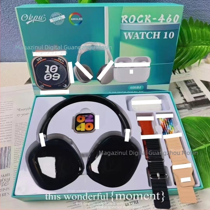 Ceas inteligent cu căști duale și set de 4 brățări, afișaj AMOLED, husă din aliaj de aluminiu, curea din silicon, monitorizare sănătate (HR, BP, SpO2, somn), încărcare wireless magnetică