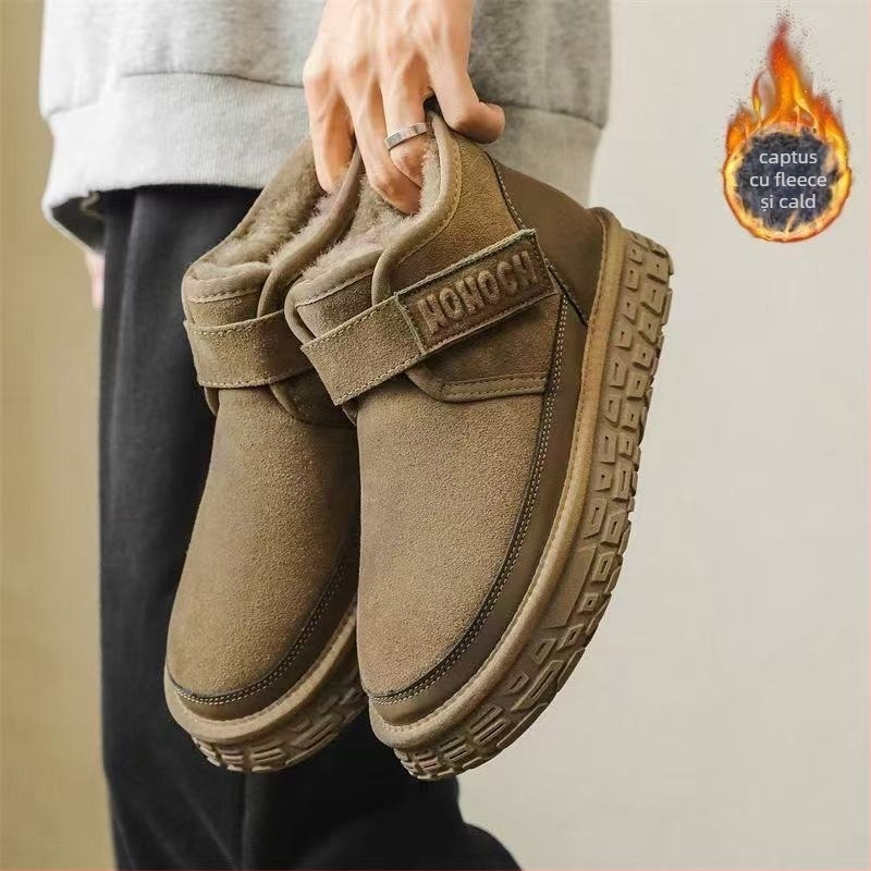 Ghete de iarnă pentru bărbați cu talpă antiderapantă din cauciuc, închidere Velcro, căptușeală din blană artificială, înălțime a tocurii 3-5 cm