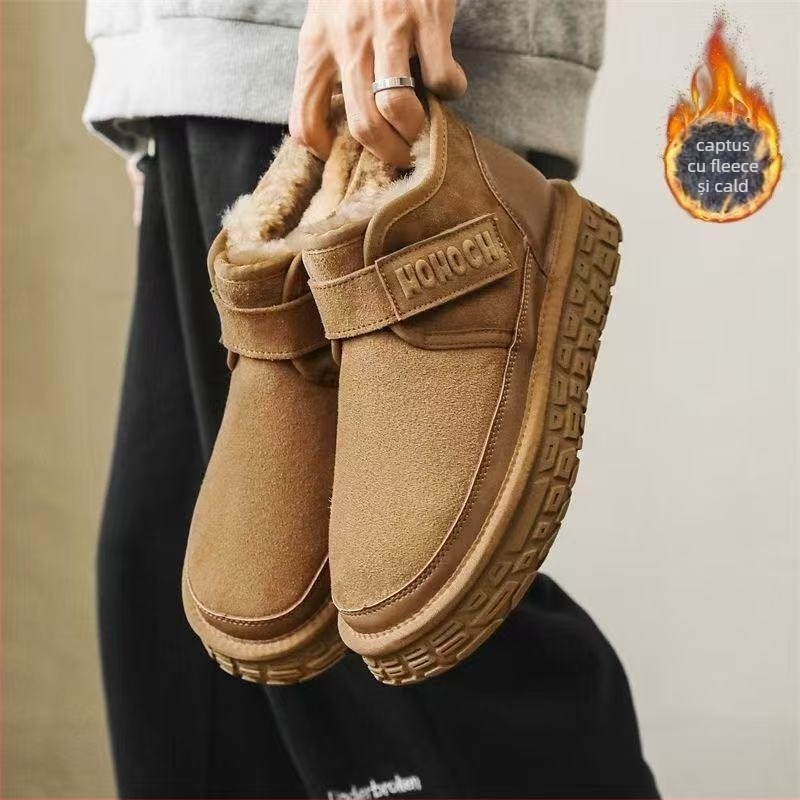 Ghete de iarnă pentru bărbați cu talpă antiderapantă din cauciuc, închidere Velcro, căptușeală din blană artificială, înălțime a tocurii 3-5 cm