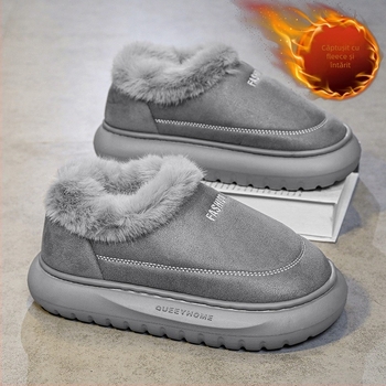 Papuci de bărbați din piele, căptuți cu fleece pentru iarnă, talpă PVC groasă, pentru interior și exterior