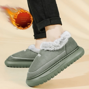 Papuci de bărbați din piele, căptuți cu fleece pentru iarnă, talpă PVC groasă, pentru interior și exterior