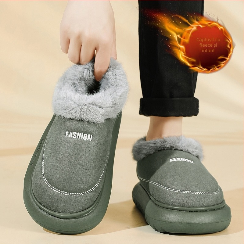 Papuci de bărbați din piele, căptuți cu fleece pentru iarnă, talpă PVC groasă, pentru interior și exterior