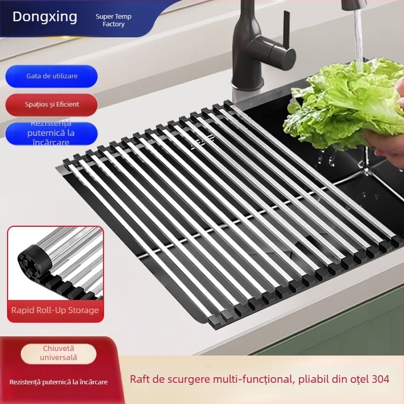 Dongxing oțel inoxidabil – raft de drenaj pentru bucătărie, roll-up, cu spațiu pliabil pentru vase