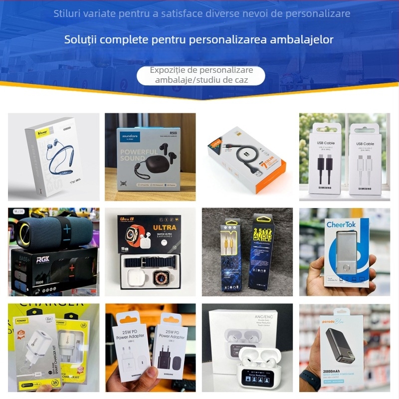 Cutie de ambalaj din carton personalizabil cu fereastră transparentă și cutie cu gaură pentru agățare pentru accesorii digitale 3C; imprimarea logo-ului disponibilă; hârtie 350 gsm