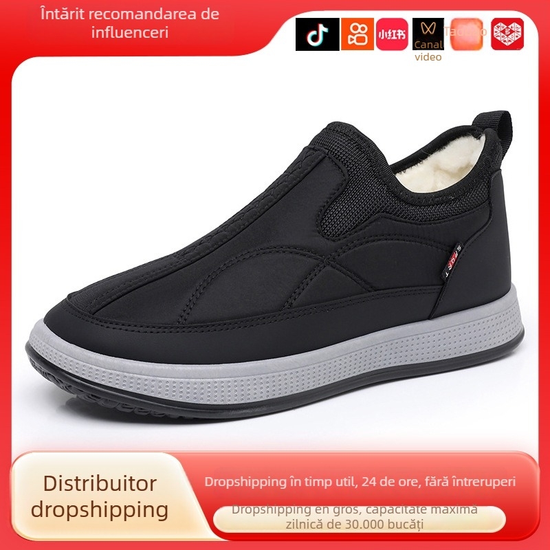 Papuci de iarnă pentru bărbați, cu căptușeală din fleece, călduroși și comozi, partea superioară din țesătură, talpă PVC, stil casual