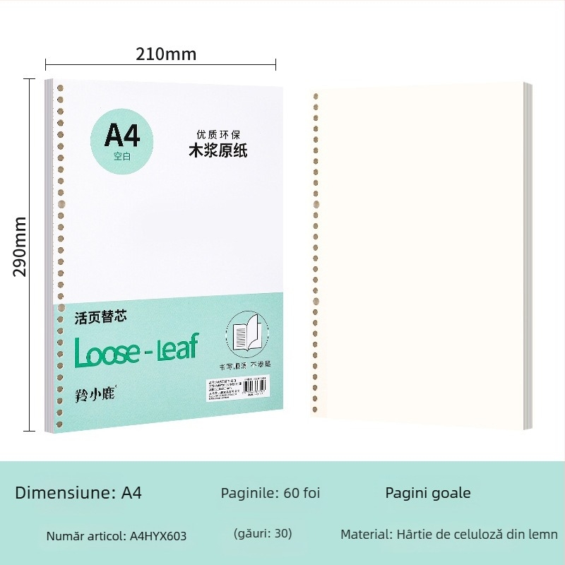 Nucleu loose-leaf pentru caiet, 60 de foi, găuri 20/26/30, pagini cu grilă, linii și goale, hârtie offset dublă, model A4HYX601, Antelope Deer