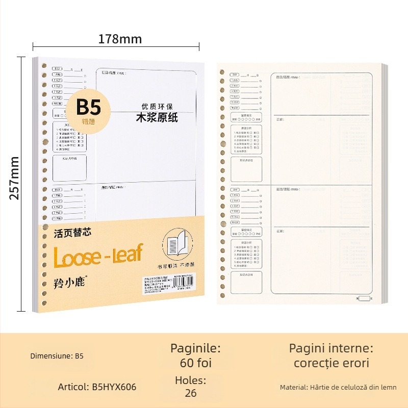 Nucleu loose-leaf pentru caiet, 60 de foi, găuri 20/26/30, pagini cu grilă, linii și goale, hârtie offset dublă, model A4HYX601, Antelope Deer