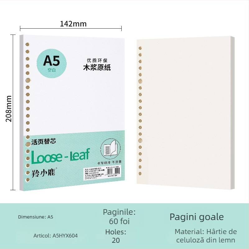 Nucleu loose-leaf pentru caiet, 60 de foi, găuri 20/26/30, pagini cu grilă, linii și goale, hârtie offset dublă, model A4HYX601, Antelope Deer