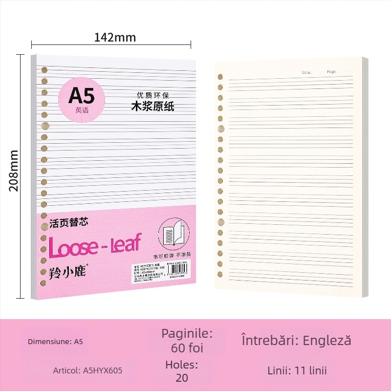 Nucleu loose-leaf pentru caiet, 60 de foi, găuri 20/26/30, pagini cu grilă, linii și goale, hârtie offset dublă, model A4HYX601, Antelope Deer